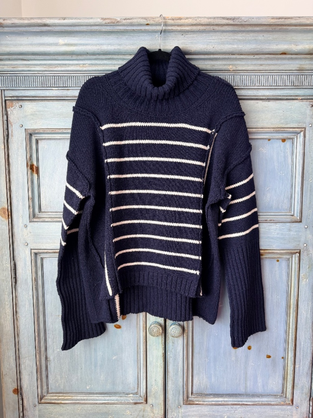 G Label Wille Striped High Cuff Turtleneck Wool Sweater S Navy